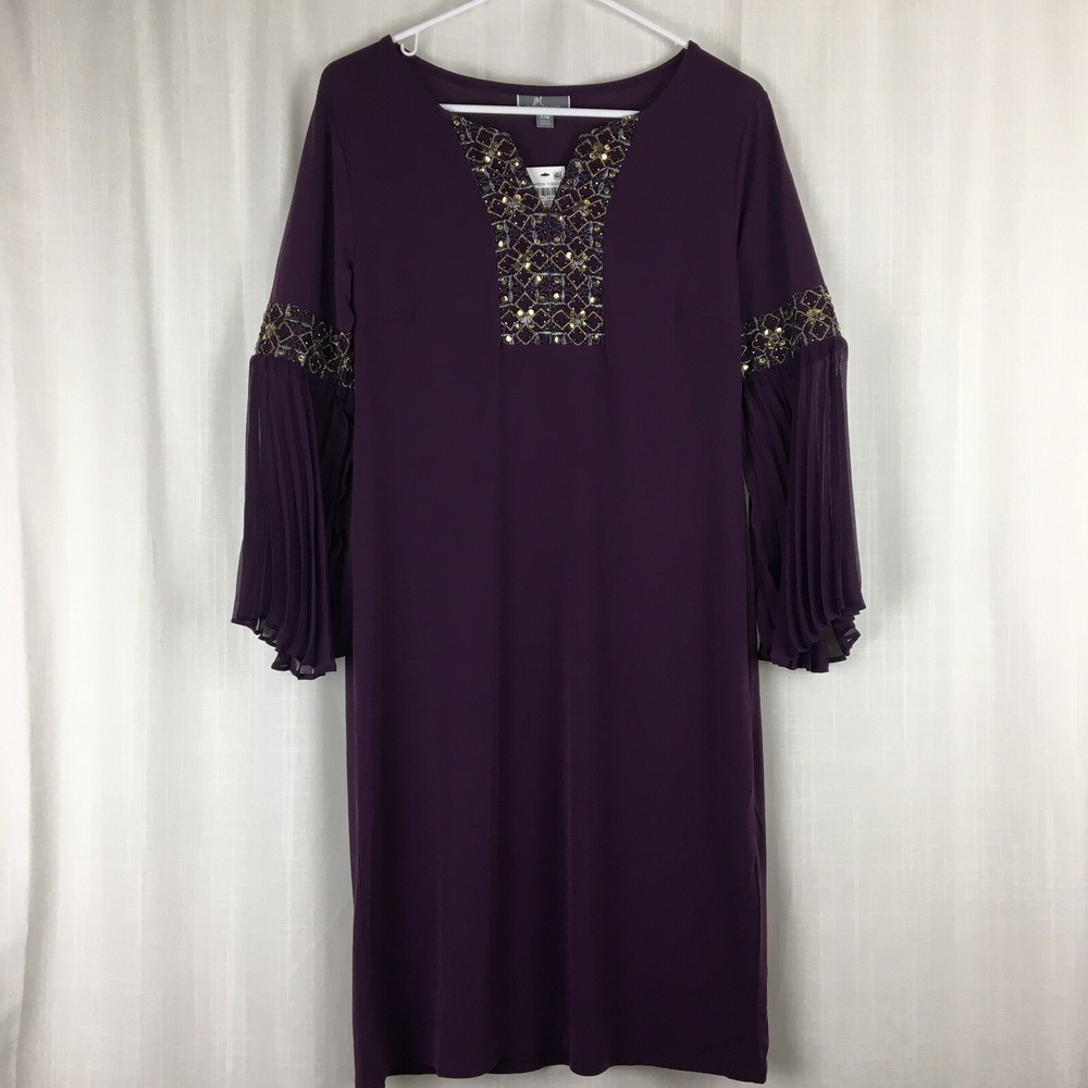 NEW JMS Beaded Midi‎ Dress Womens Medium Purple Pleated Bell Sleeves Sparkle NWT